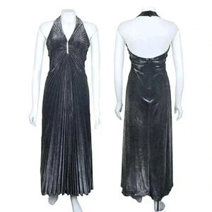 Vintage Kiki Halter Pleated Maxi Dress Metallic Silver Black Mobwife Size Medium